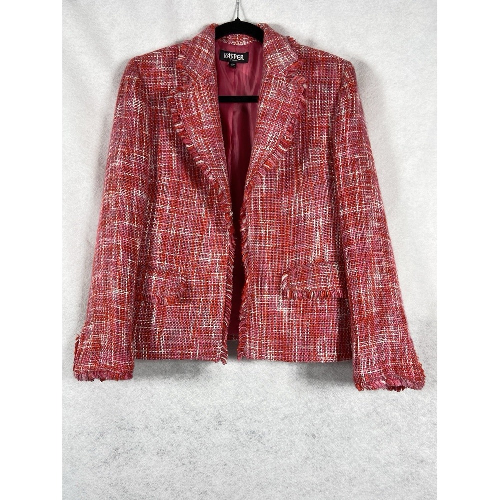 Kasper Jacket Women's Petite 10P Pink Red Open Blazer Tweed Long Sleeves
